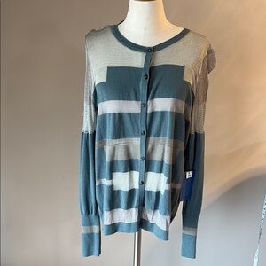 Vera wang NEW teal green gray partial sheer cardigan netting mesh / button up XL